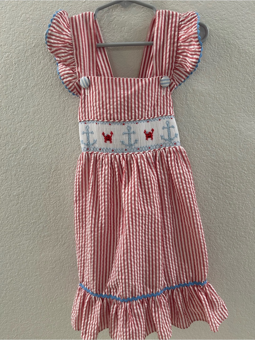 Stitched & Smocked Red and White Striped Smocked Nautical Dress with Blue Trim